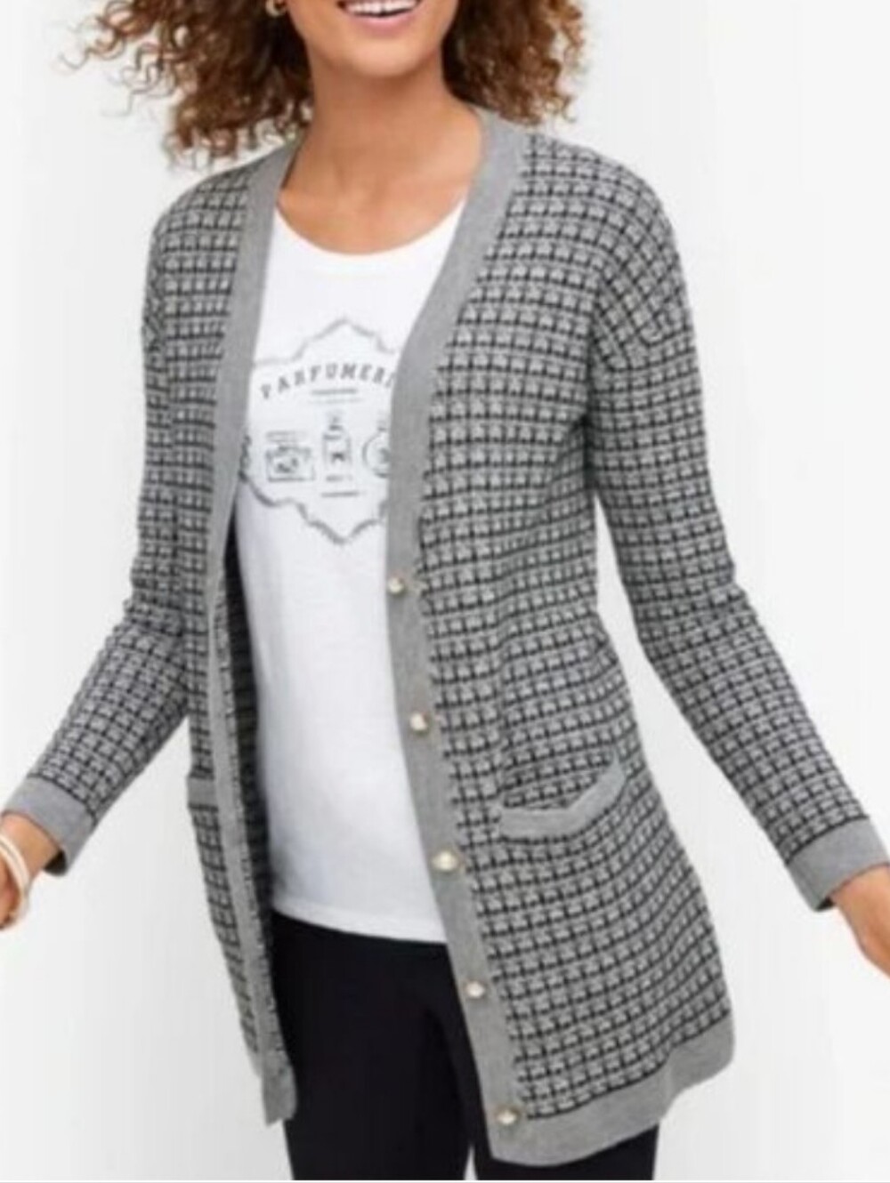 Talbots Mini Plaid Merino Wool Cardigan Gray Size 2X Preppy Classic Cozy
